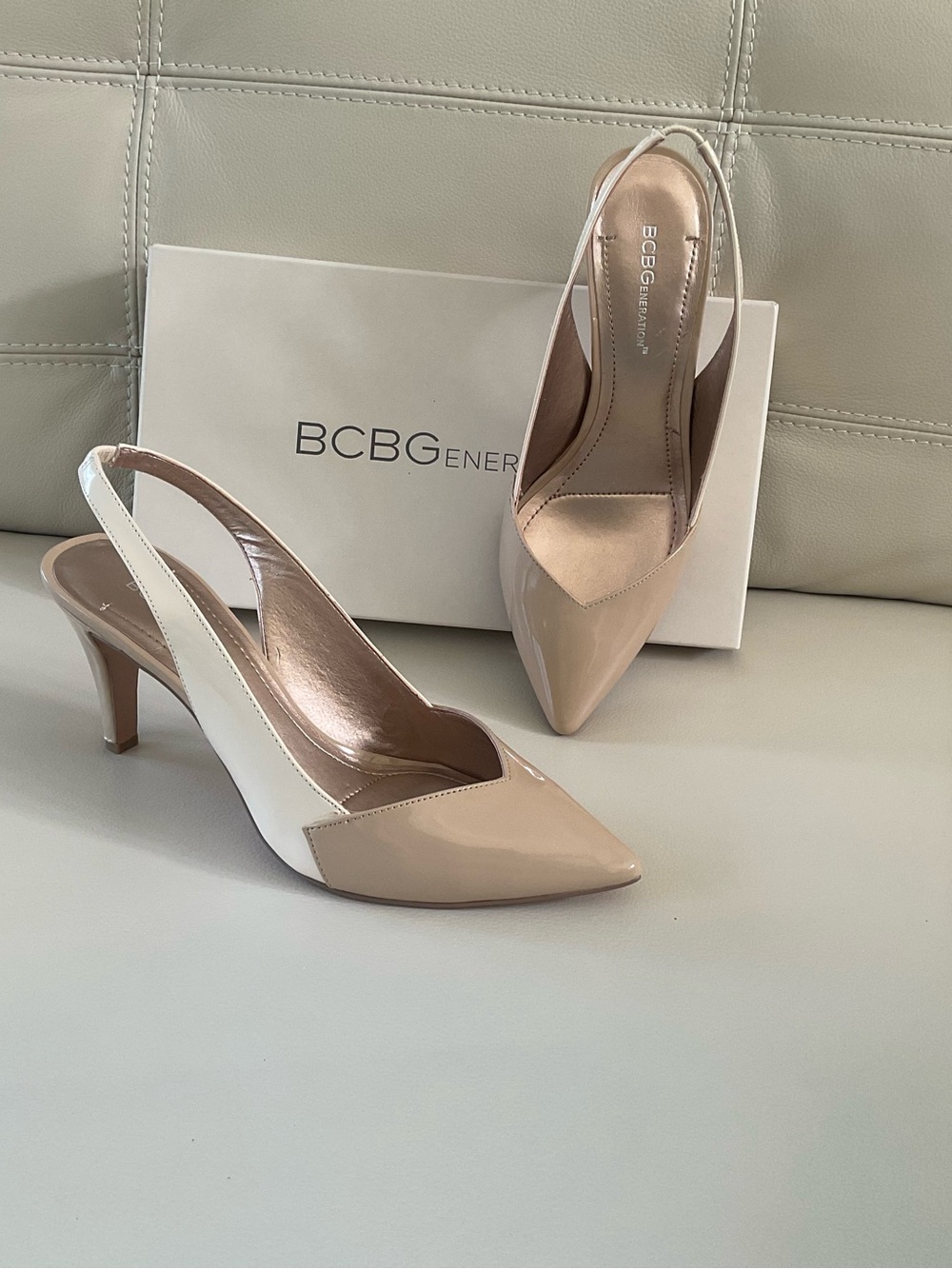 BCBGeneration Beige & Cream Patent Slingback Pumps, Size 9